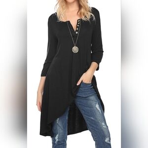 Naggoo Women's 3/4 Sleeve Button V Neck High Low Loose Fit Casual Long Tunic Top
